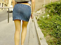 Our hunter loves following girl in short jeans skirt as he gets the chance of filming her white panties!